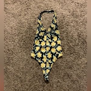 Pink lace one piece yellow flower lingerie size small